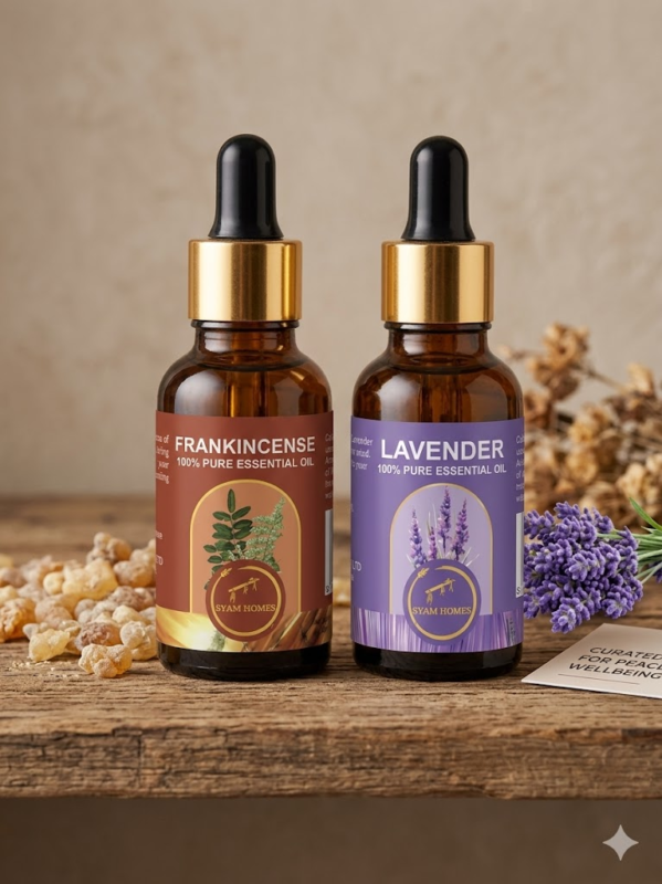 SYAM 100 percent pure Lavender and Frankincense essential oil bottles displayed with fresh lavender on a rustic wooden table for natural sleep and relaxation.