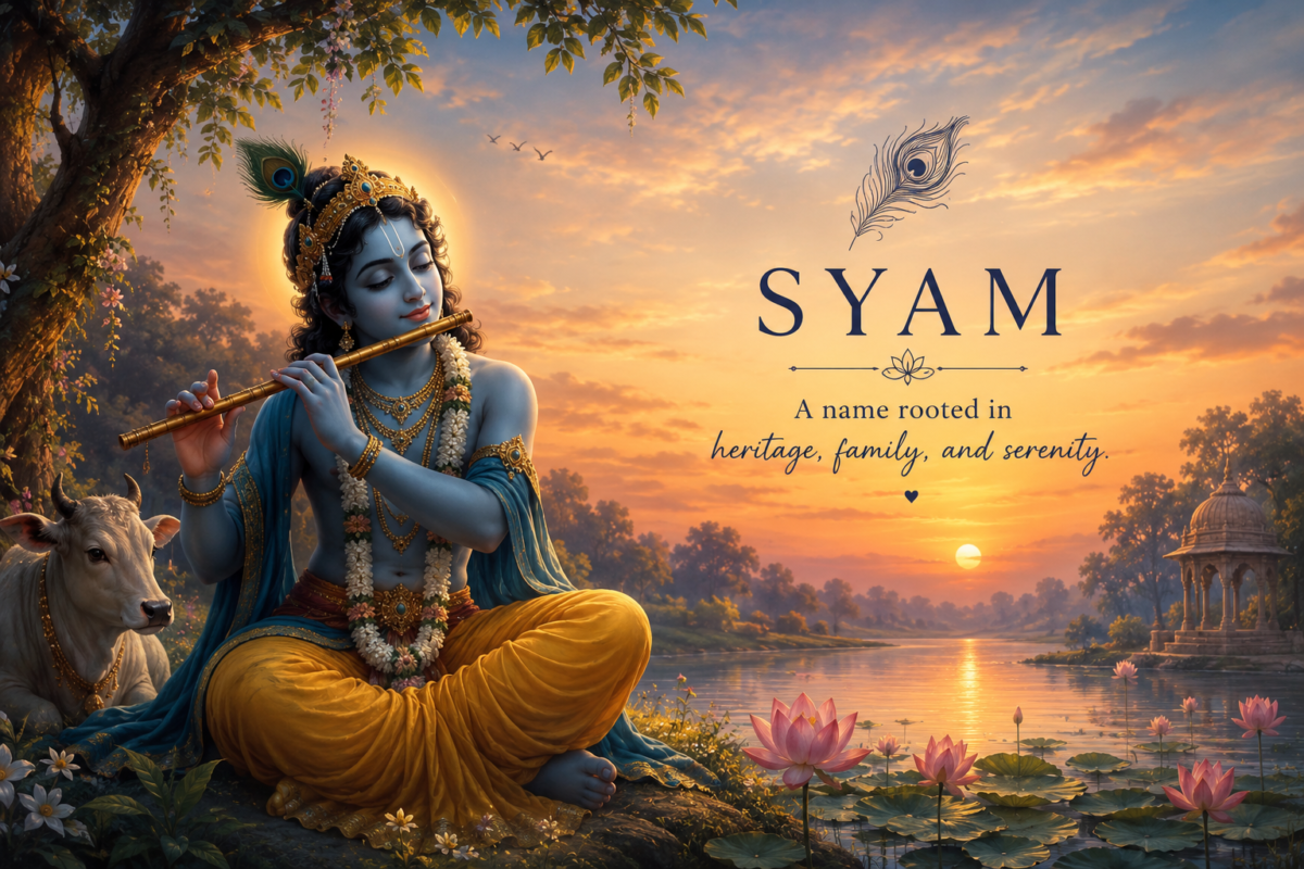 Lord Krishna playing flute beside a tranquil river at sunset, symbolizing the meaning of SYAM, heritage, family values, peace, serenity, and spiritual depth.